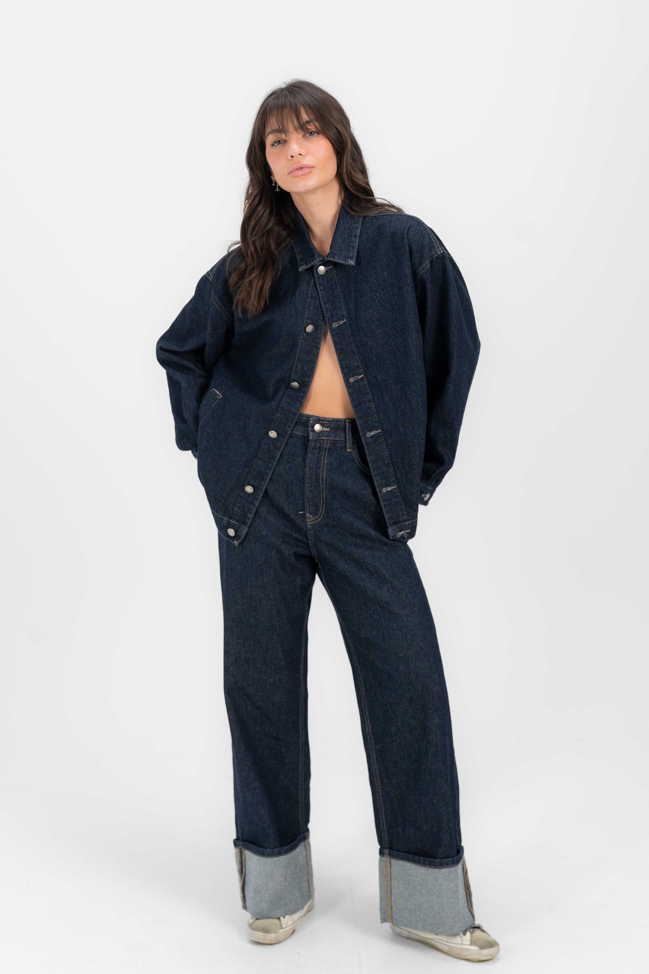 Hemline Fold Raw Denim Pants 